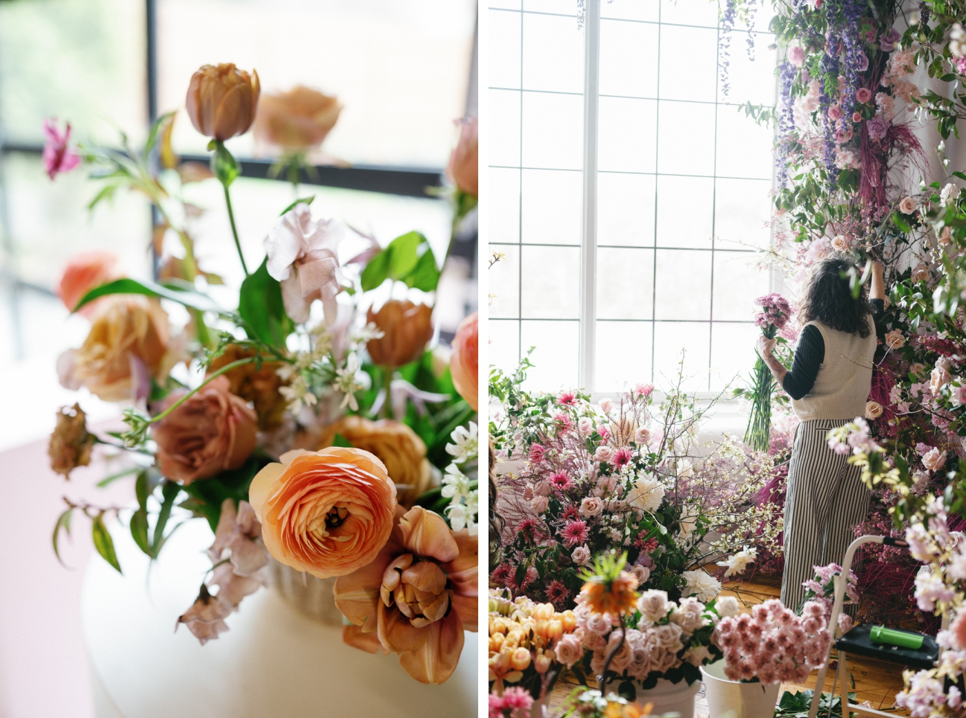 A florist creating a large indoor installation with purple blooms