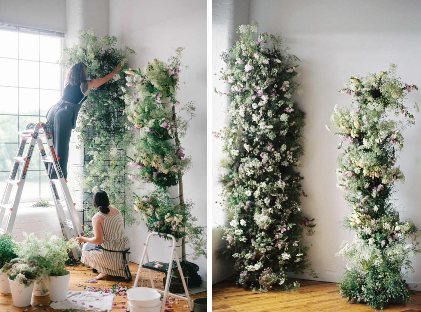 Two florists are designing two vertical floral installations