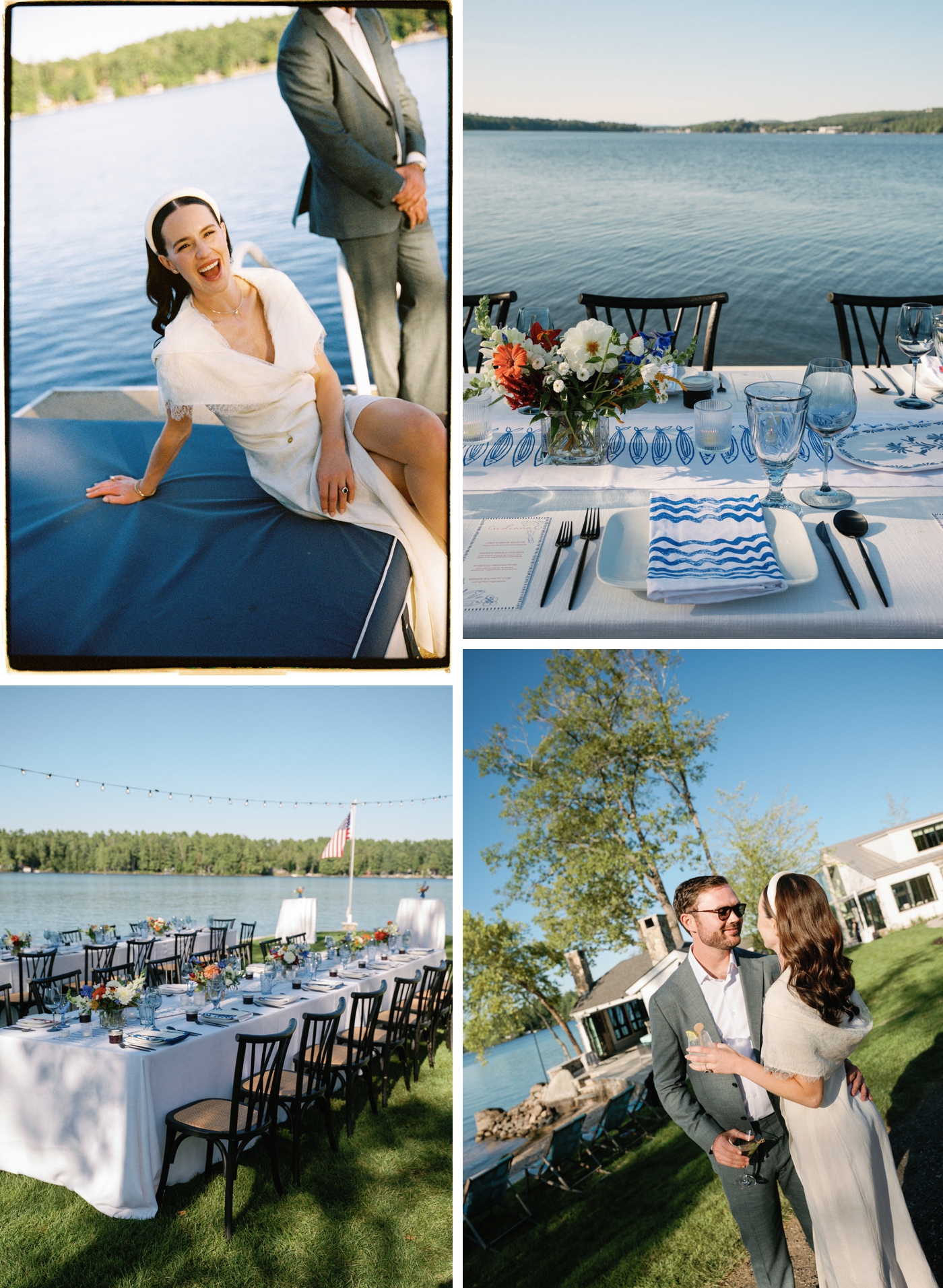 Rehearsal dinner on Long Lake in Maine, with long farm style tables, and a sunset dinner