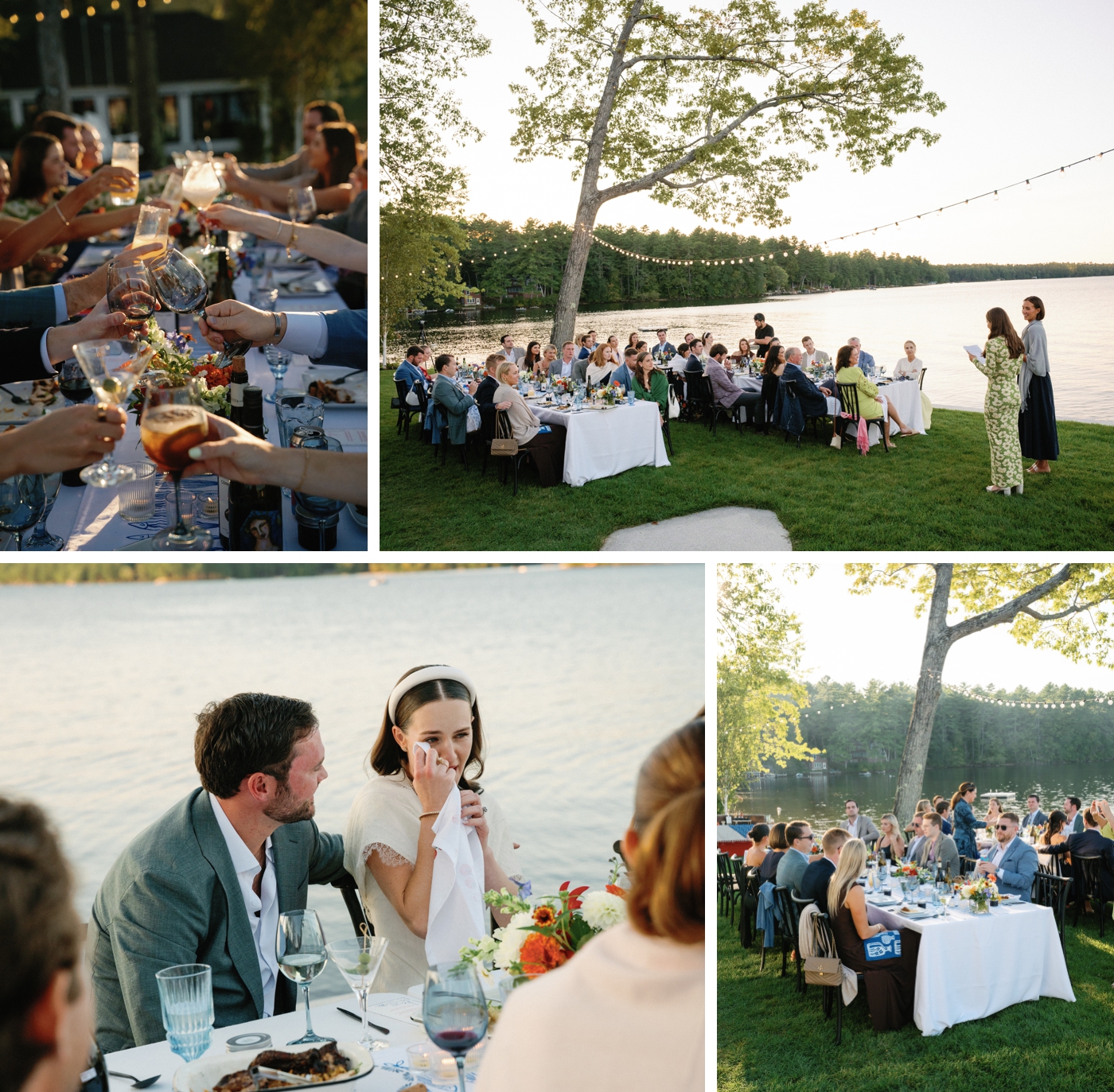 Rehearsal dinner on Long Lake in Maine, with long farm style tables, and a sunset dinner, and foam free flowers