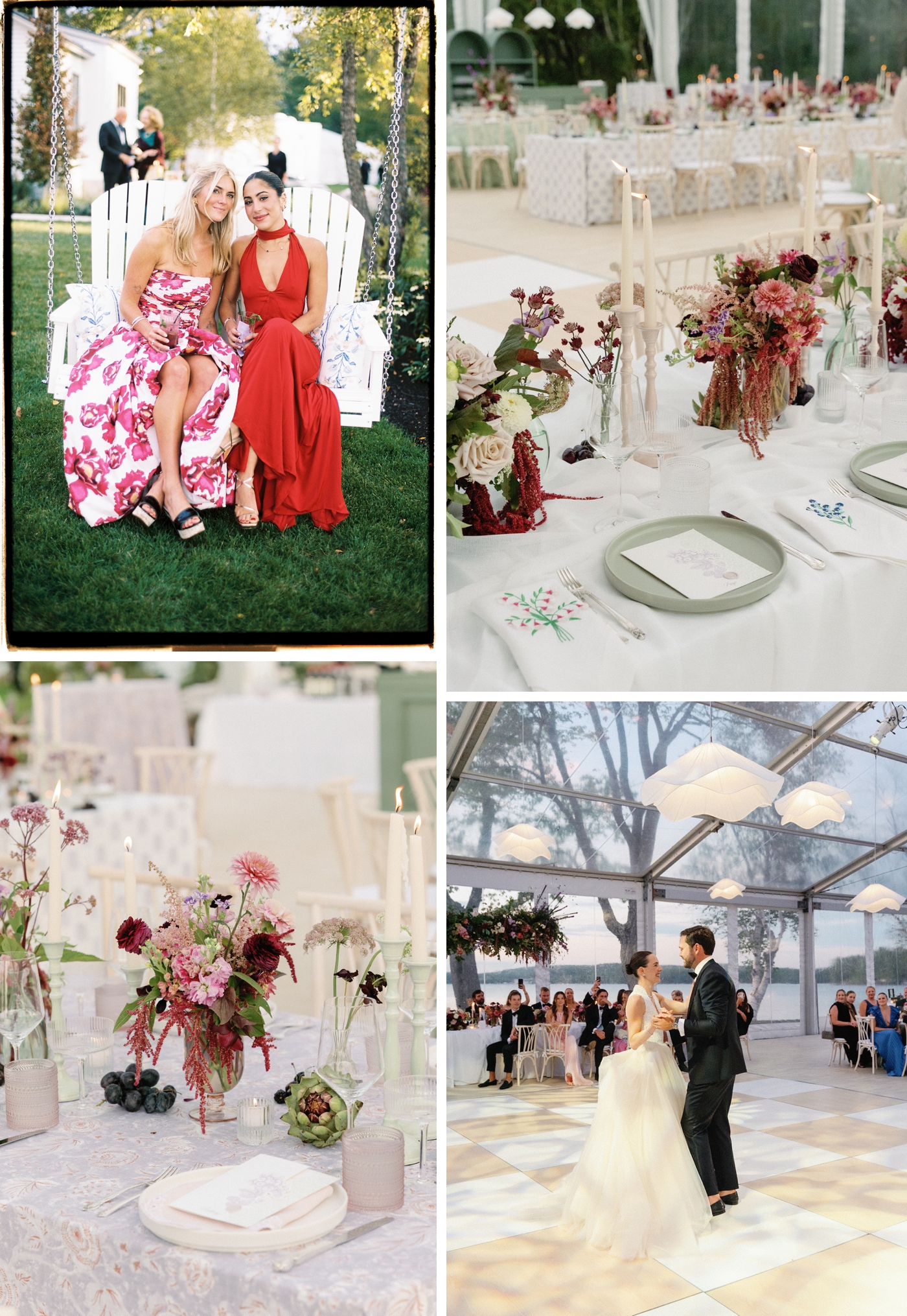 An english garden inspired wedding in Maine, with tables in various patterned linens, and burgundy, red and blush flowers