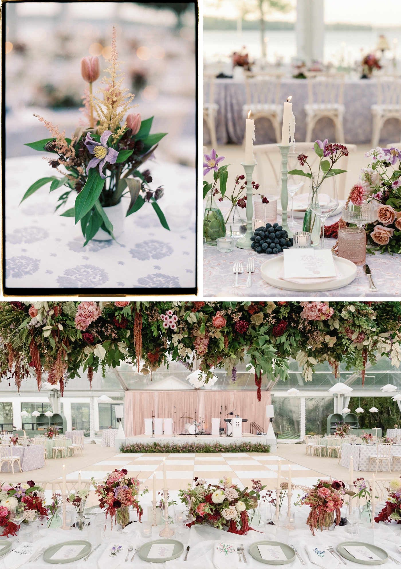 An english garden inspired wedding in Maine, with tables in various patterned linens, and burgundy, red and blush flowers, all foam free