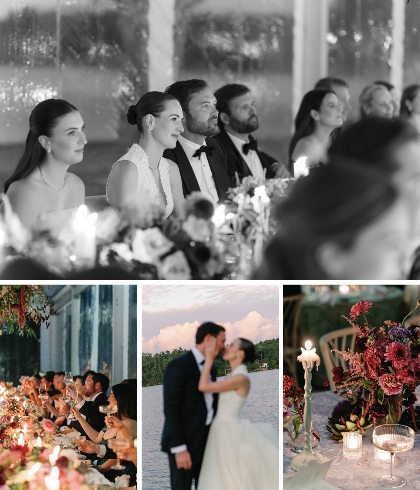 Images of a wedding reception, with a clear tent, lot of candlelight, and foam-free flower centerpieces in shades of burgundy, blush and red