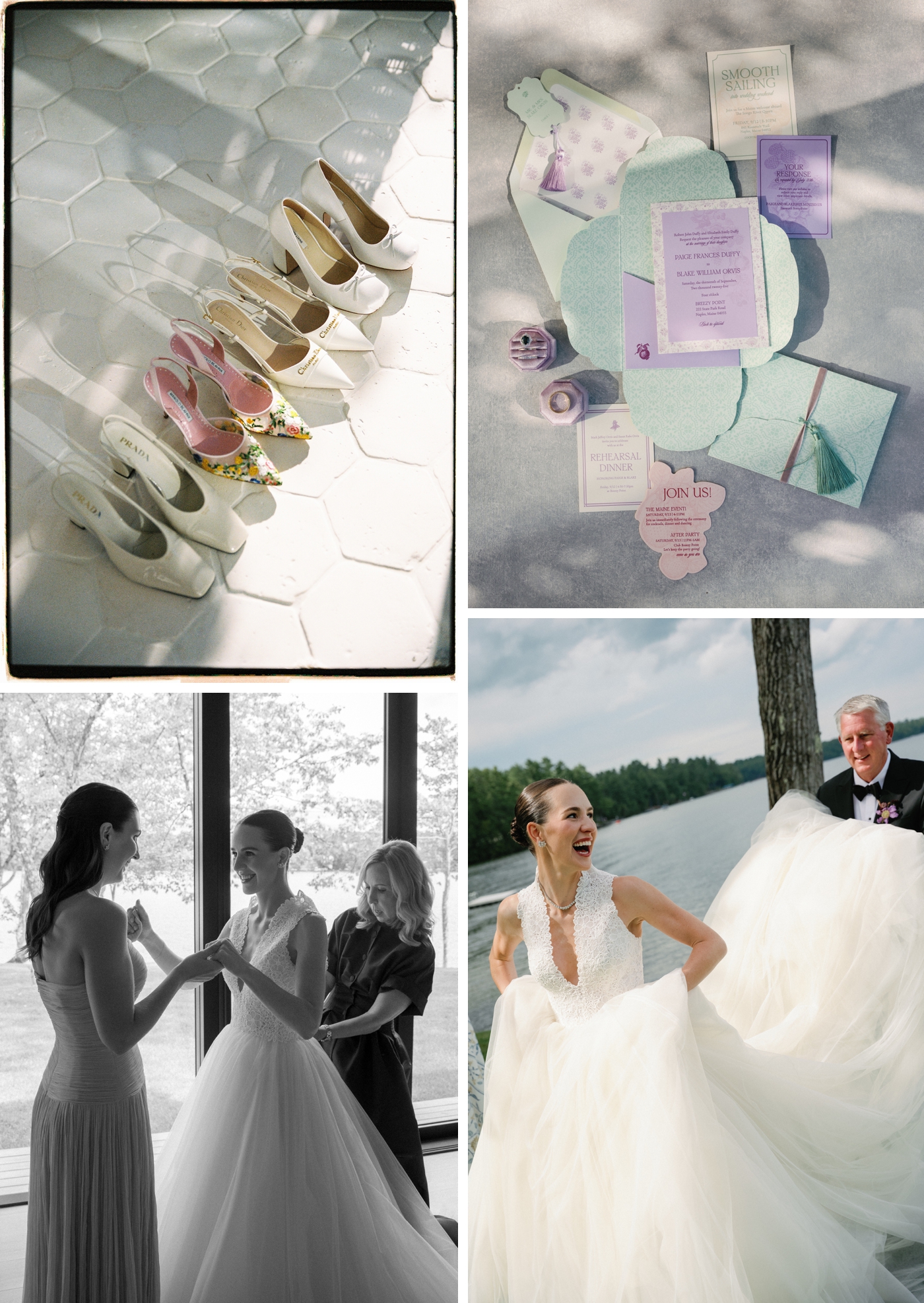 Lavender and green wedding invitations by Paper Refinery, with a bride putting on her Peter Langner gown