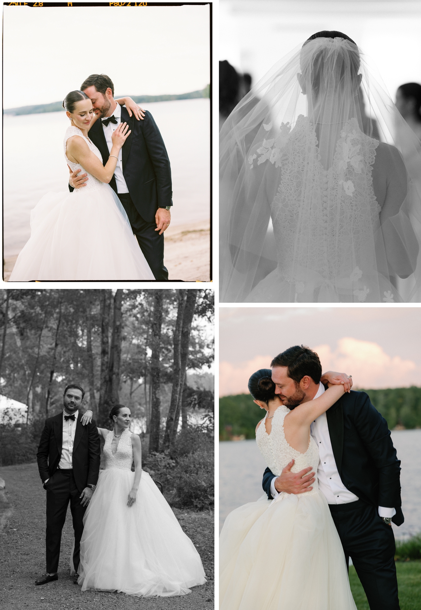 Lake side wedding day portraits of a couple, with the bride in a ballgown by  Peter Lagner, groom in a classic black tuxedo, with Long Lake behind them
