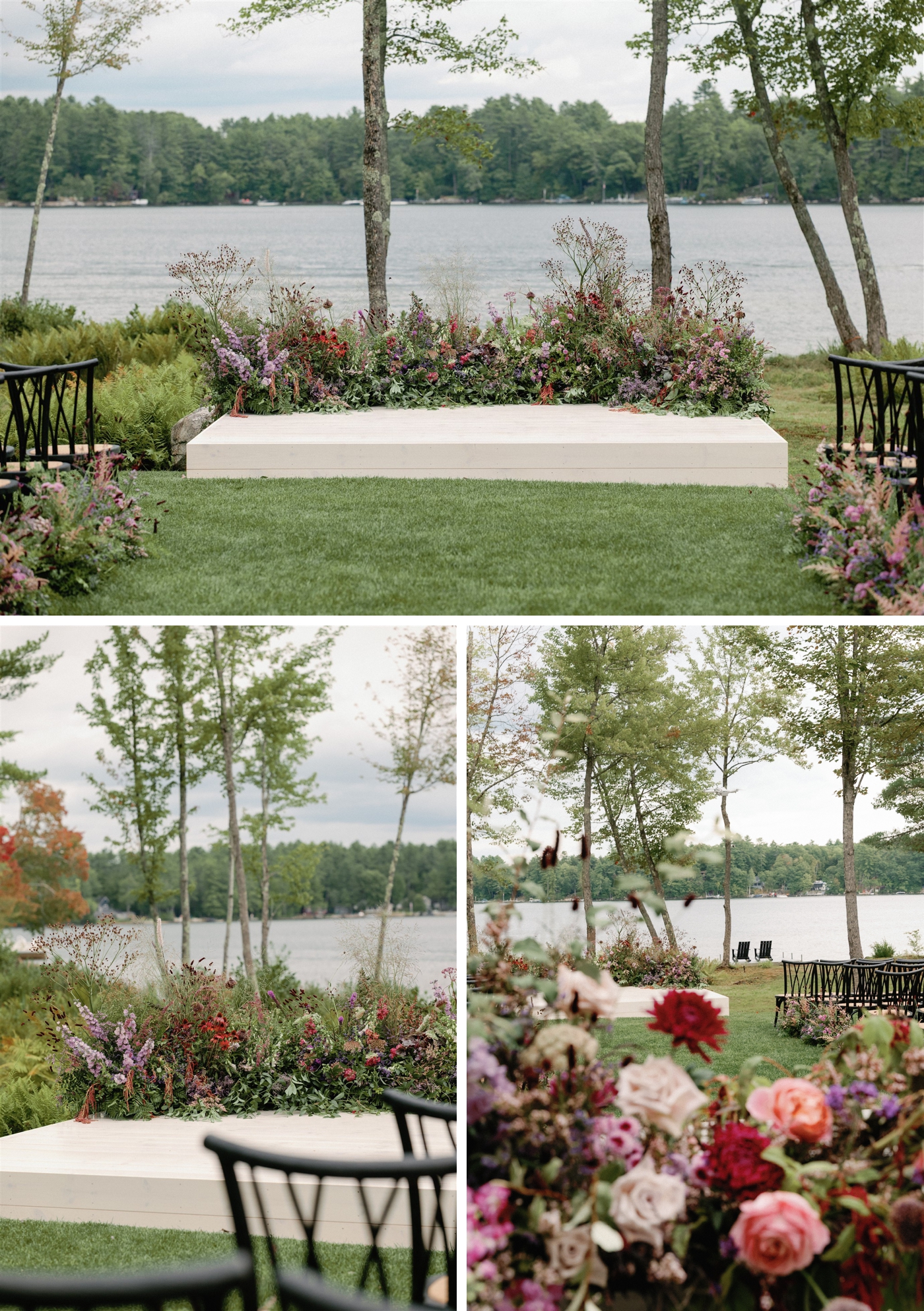 Wedding ceremony overlooking Long Lake in Maine, with organic foam free flowers by Abby Garden Floral
