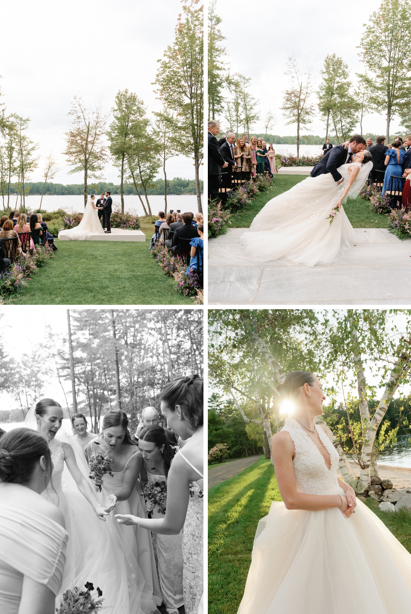 Wedding ceremony overlooking Long Lake in Maine, with organic foam free flowers by Abby Garden Floral