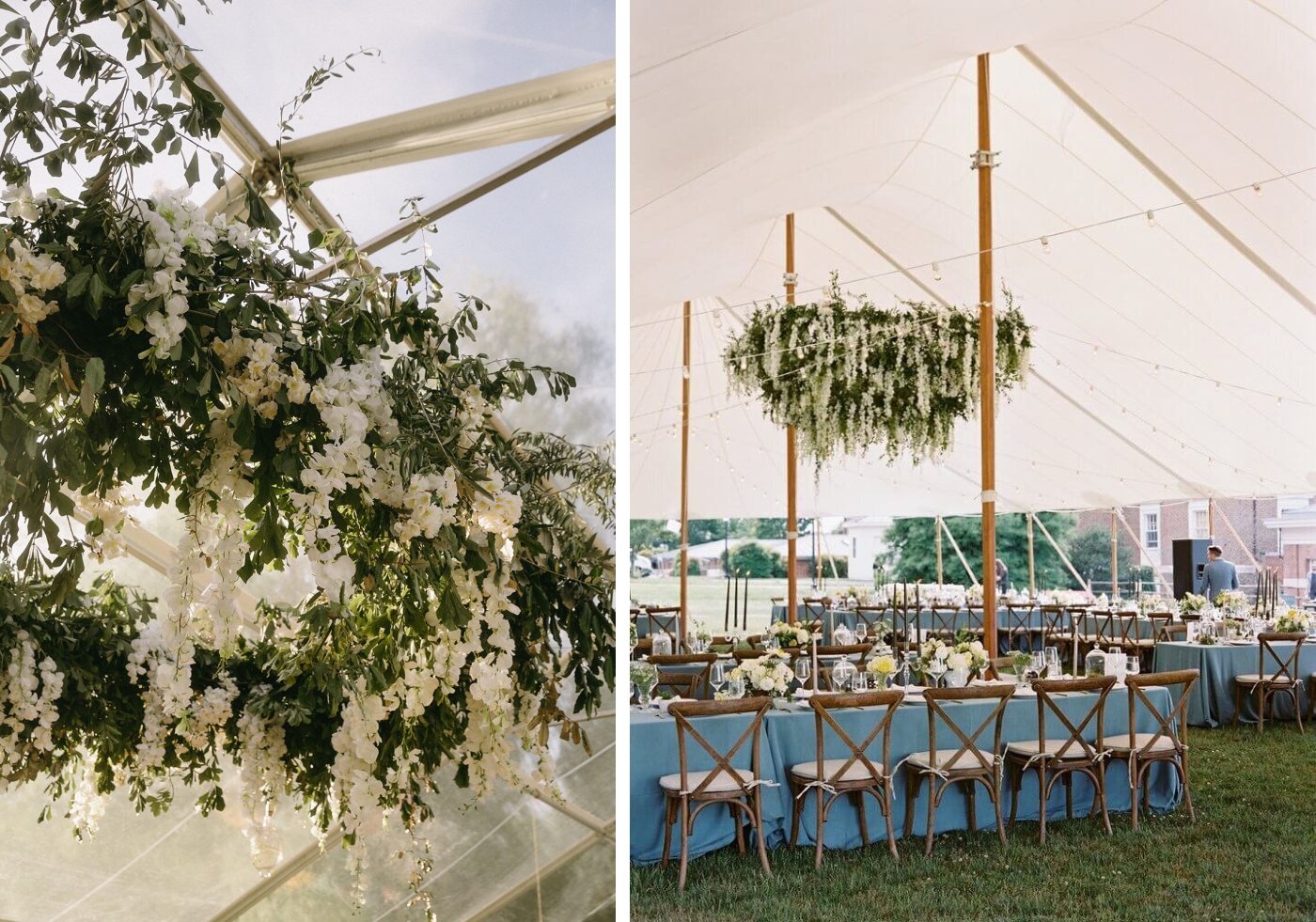 A large floral installation made of fresh greenery a faux flowers hangs at the peak of a sailcloth tent