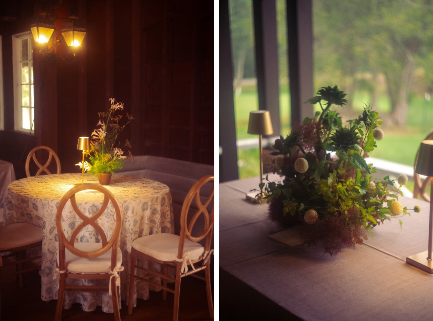 Floral centerpieces on a bistro table at Megunticook Golf Club in Rockport, Maine