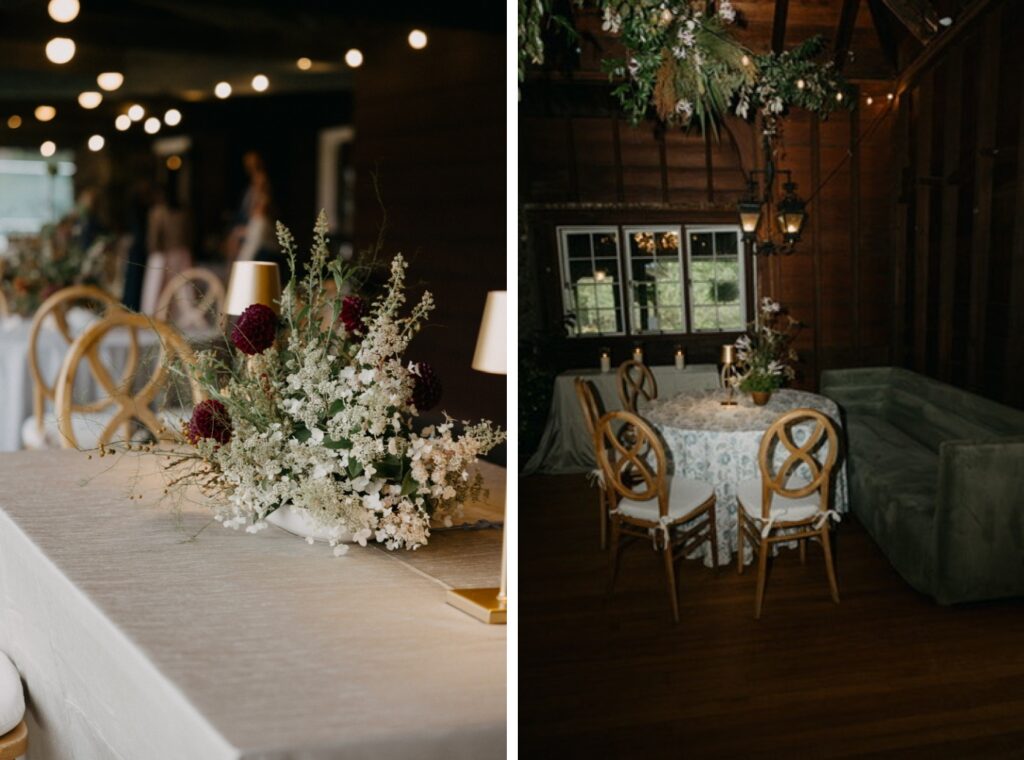 An asymmetrical floral centerpiece made of baby's breath flowers