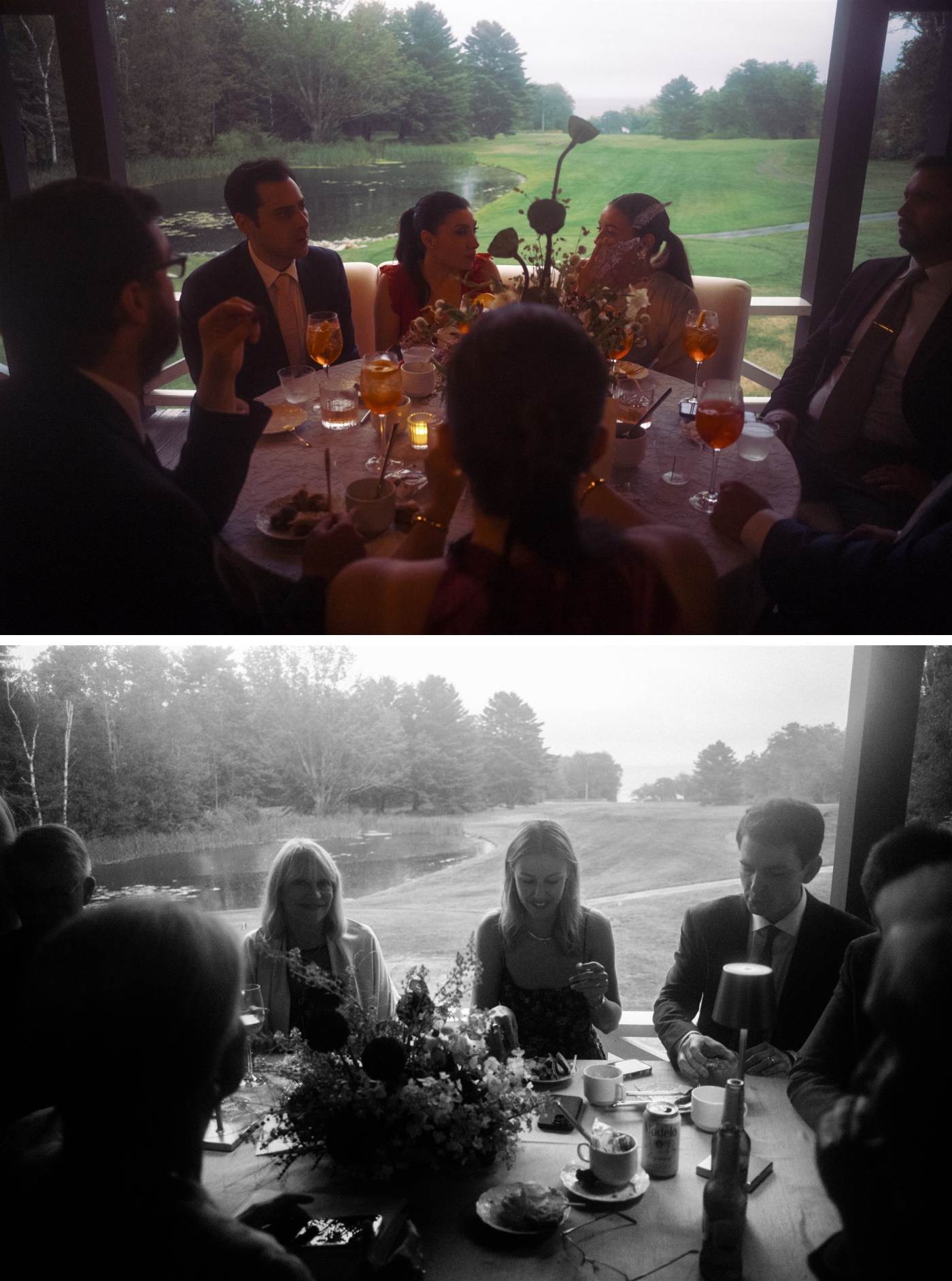 Wedding guests sitting at a table overlooking the gold course at Megunticook Golf Club