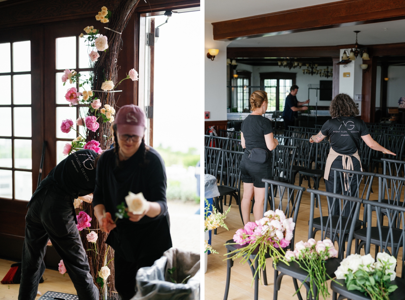 A team of florists from Abby Garden add florals to an altar installation at French's Point