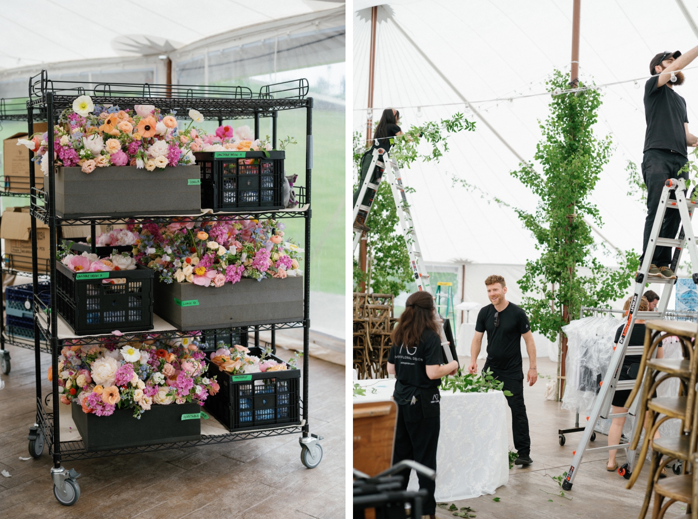 A team of florists decorated the poles of a sailcloth tent with greenery