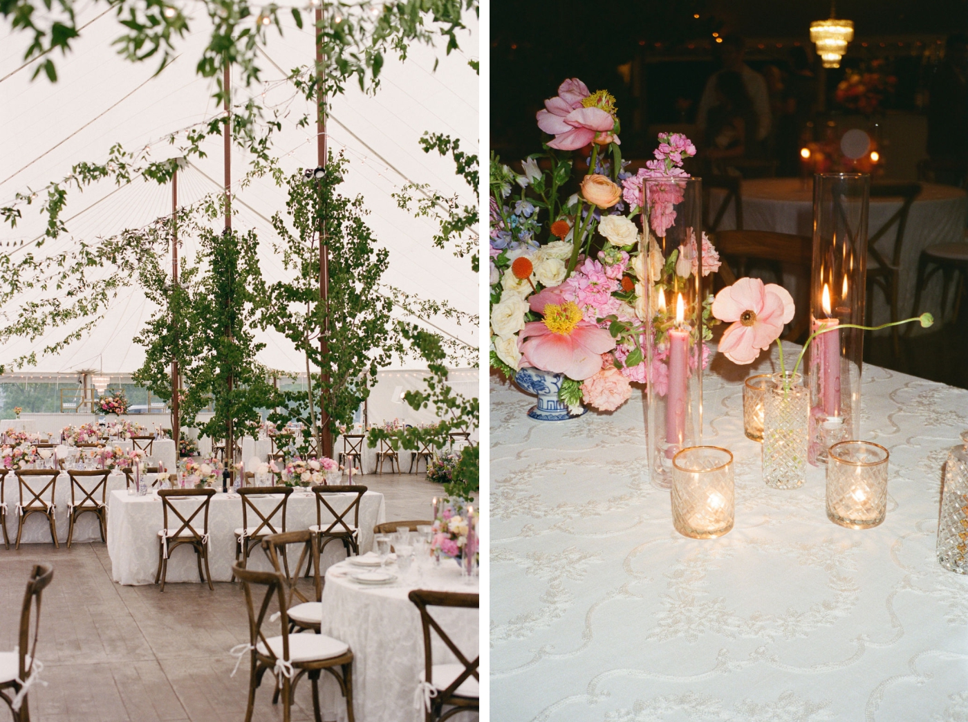A sailcloth tent decorated with peony wedding flowers, purple tapered candles, and greenery