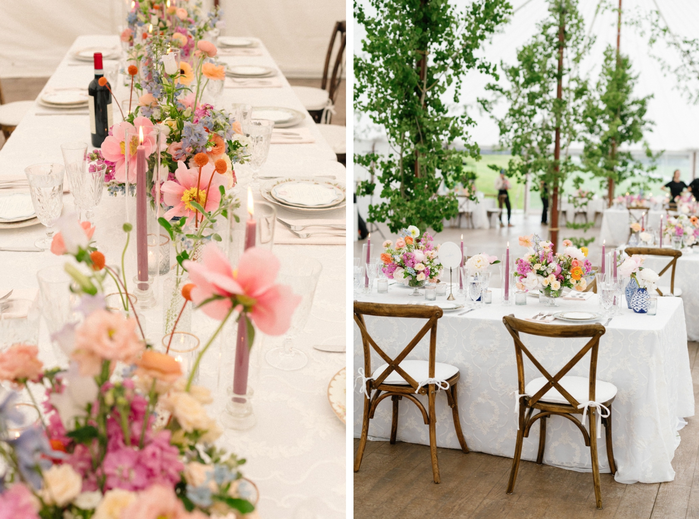 A long table lined with peony wedding flowers, candles, and mismatched china plates