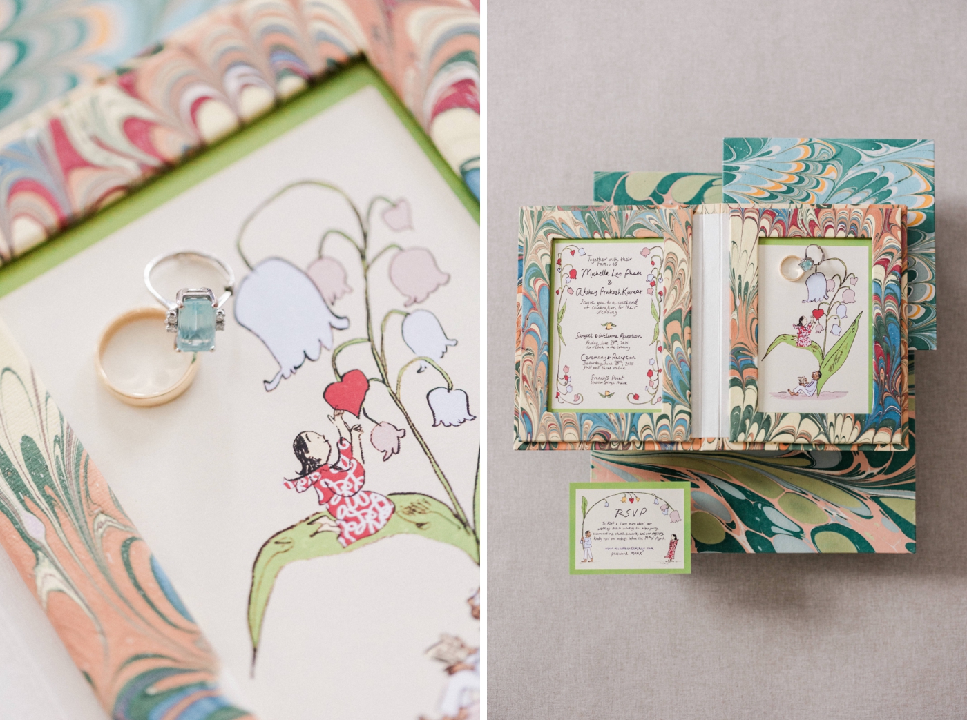 A colorful, hand-marbled wedding invitation suite