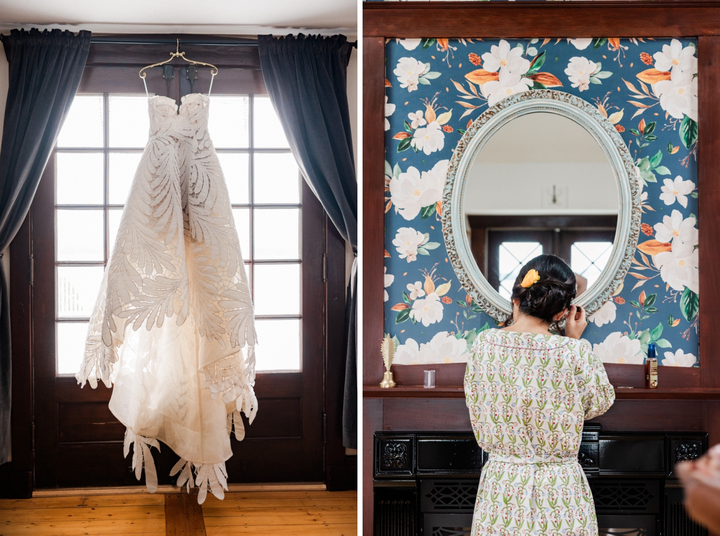 A strapless, floral appliqué wedding gown hanging in front of a window