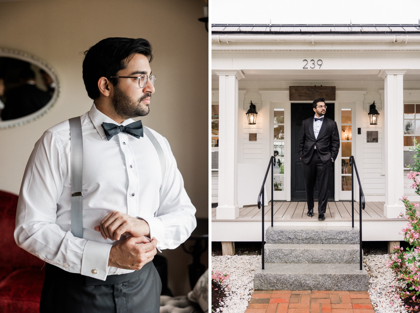 A groom stands on the porch of French's Point