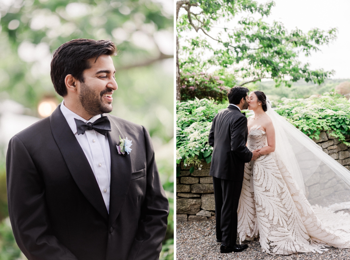 A bride and groom kiss during their first look