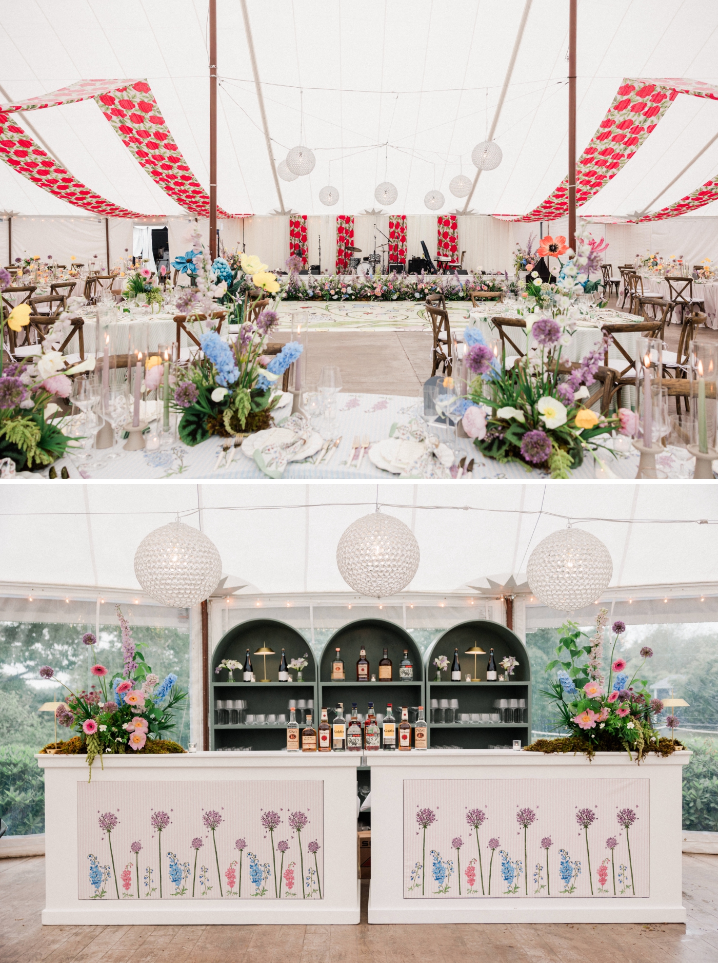 A sailcloth tent with bright linens and flowers