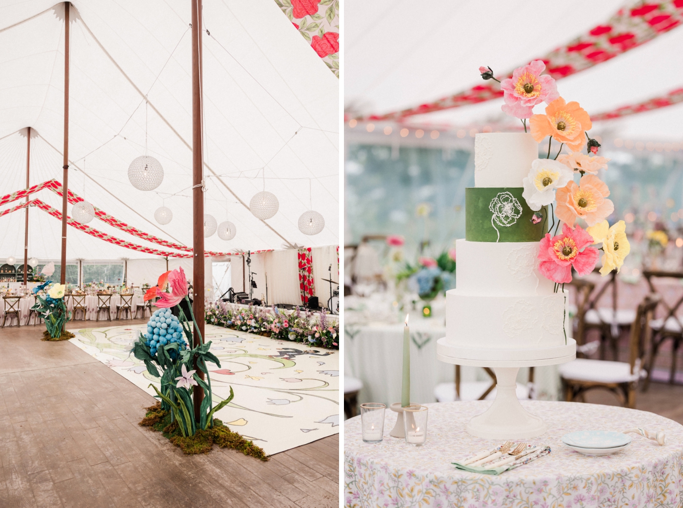A four tier wedding cake decorated with paper flowers