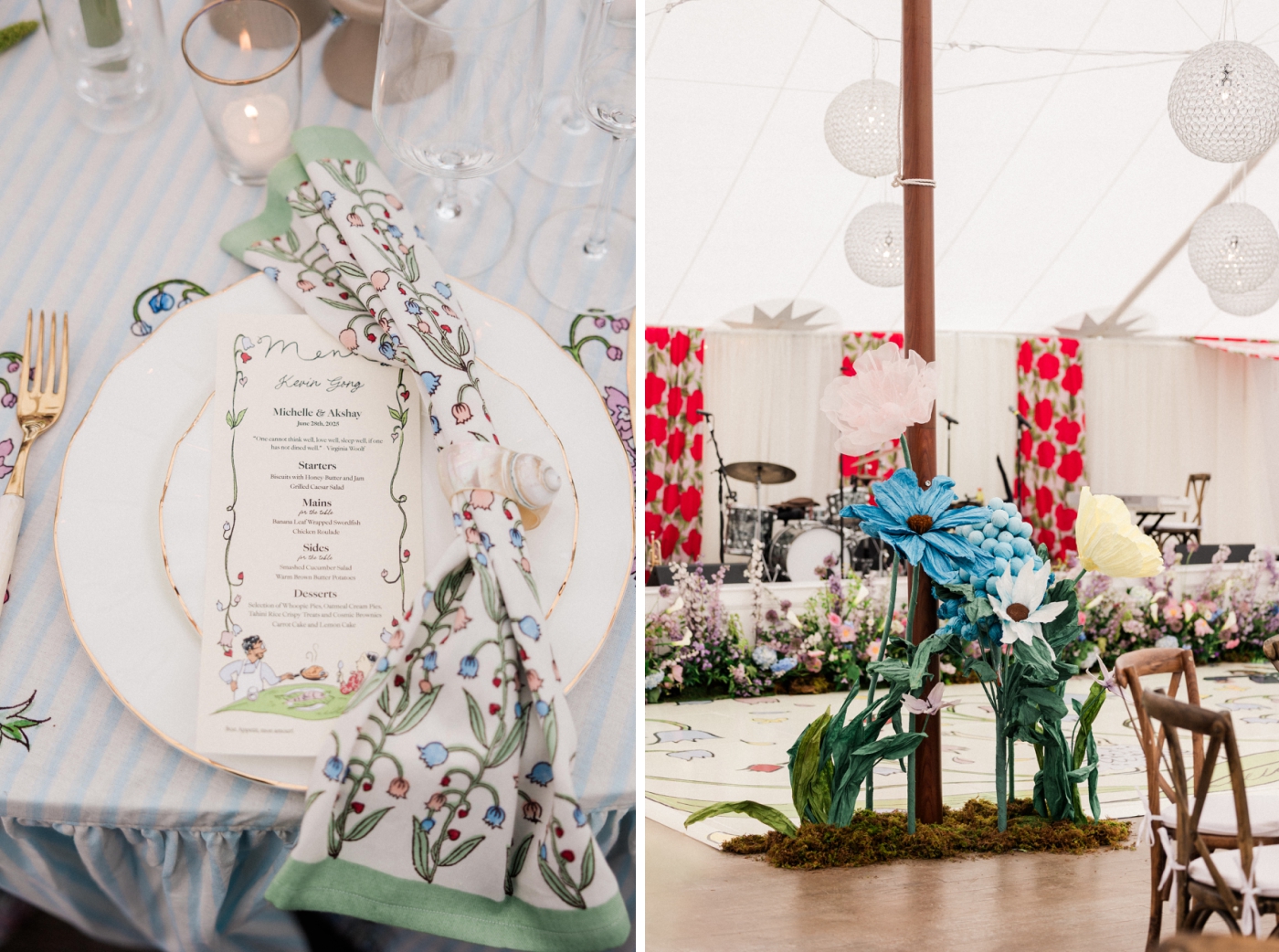 A place setting at a wedding reception with a block printed napkin and custom menu
