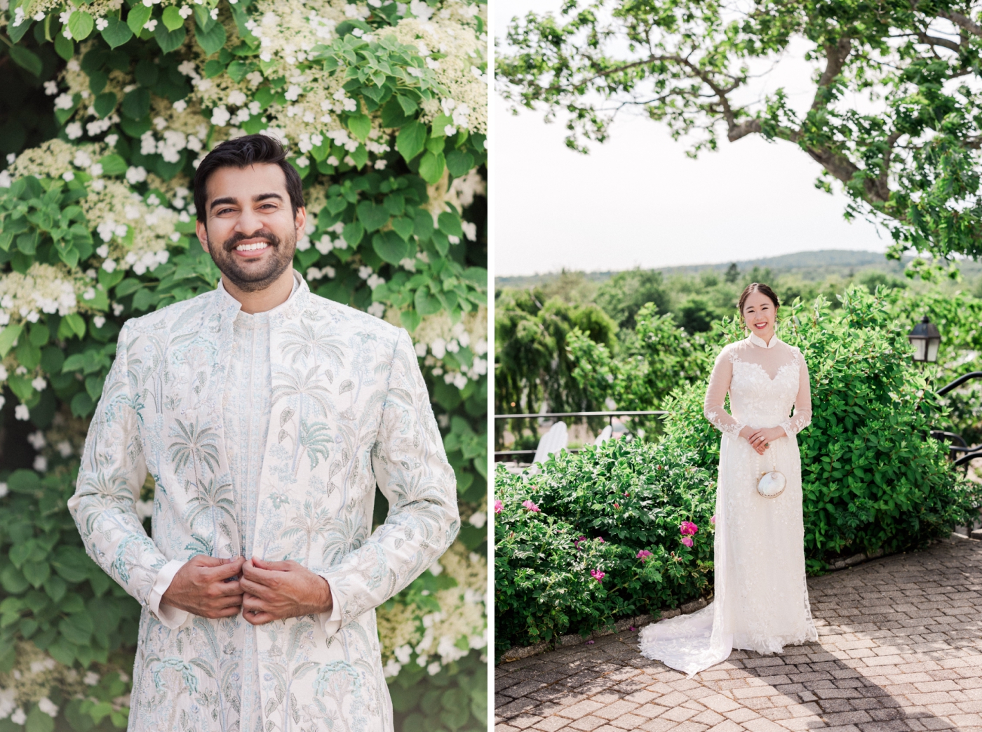 A bride and groom dressed in white outfits for a Sangeet