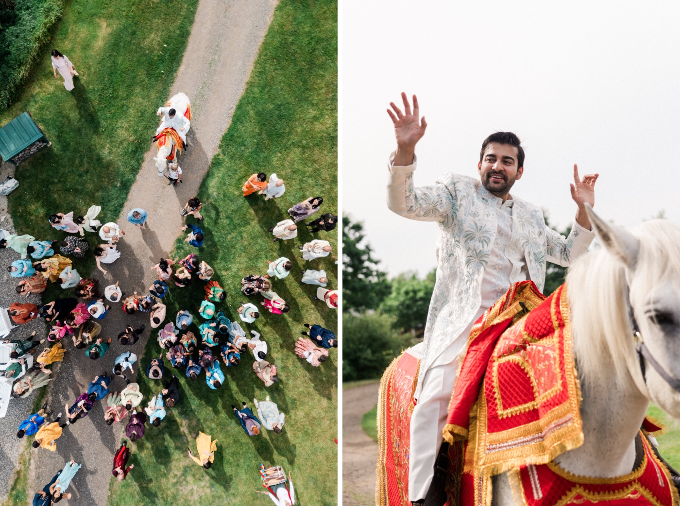 A groom enters the Sangeet on a white horse