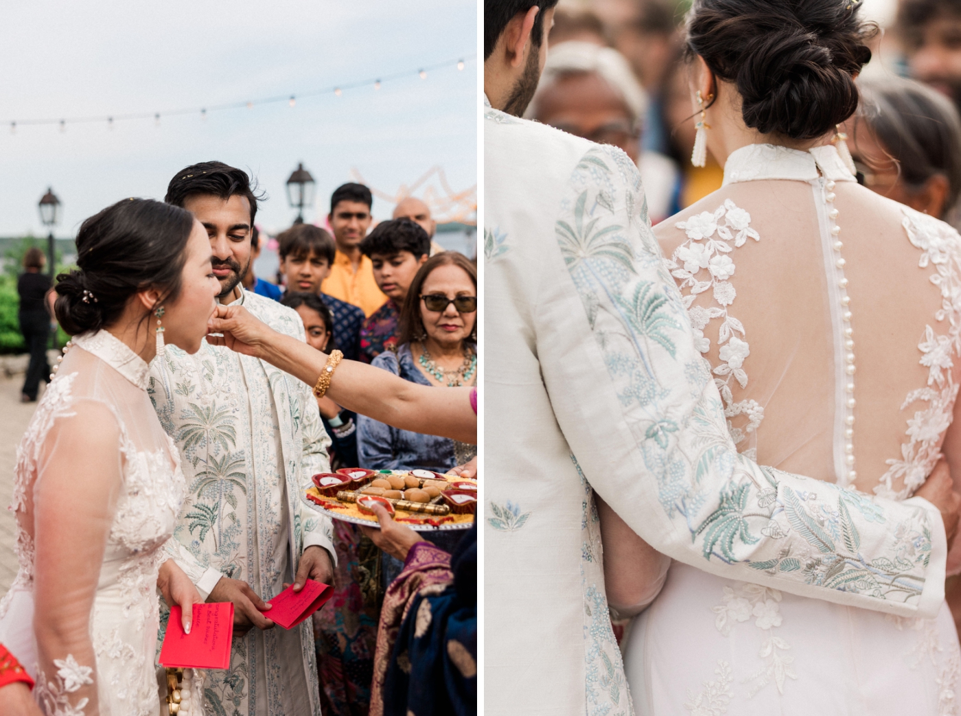 A bride and groom participate in Sangeet traditions during their wedding weekend