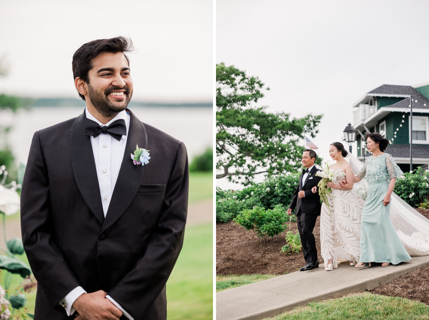 A groom smiles as a bride walks down the aisle with her mother and father