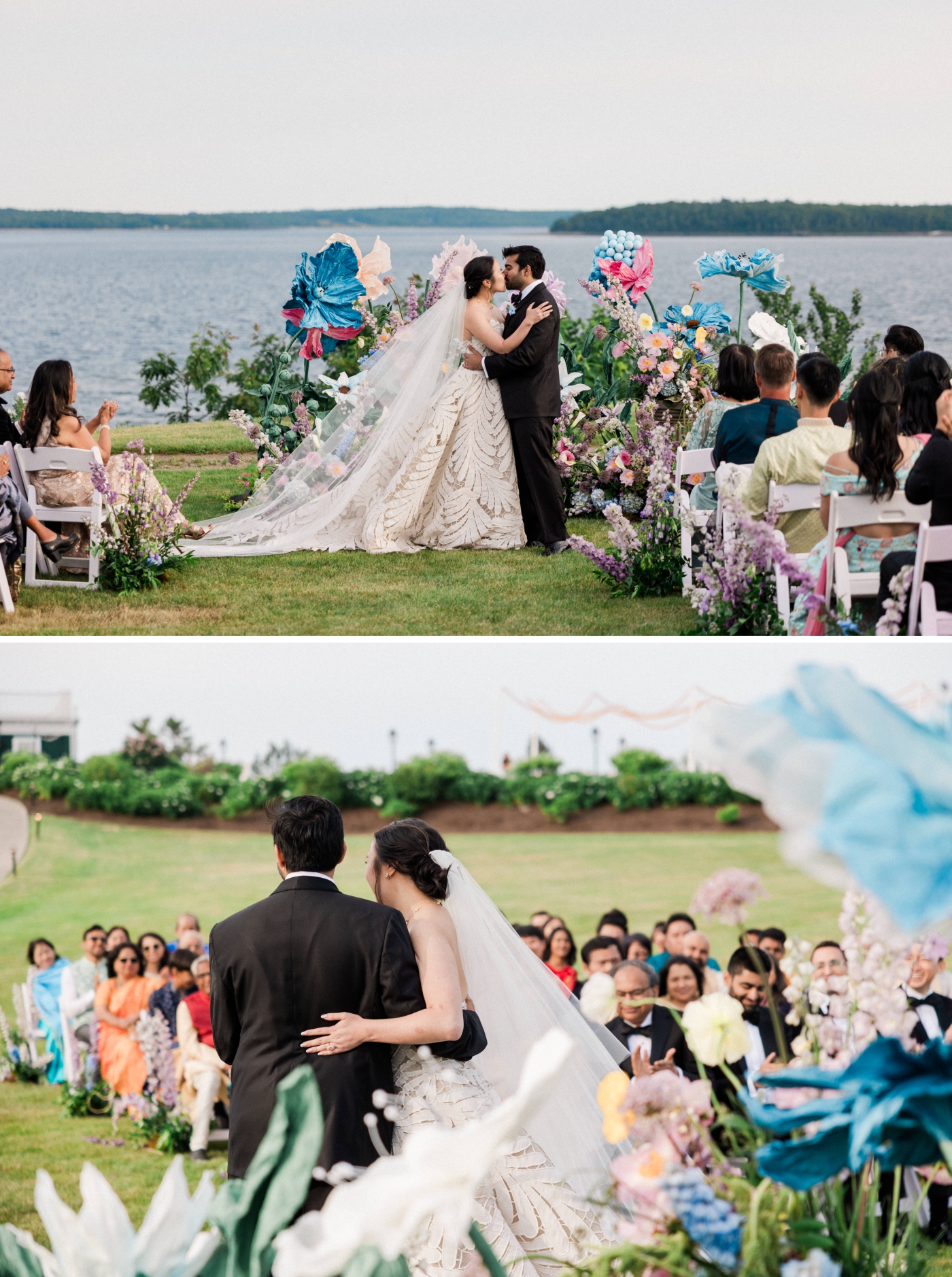 A bride and groom kiss during their wedding weekend ceremony