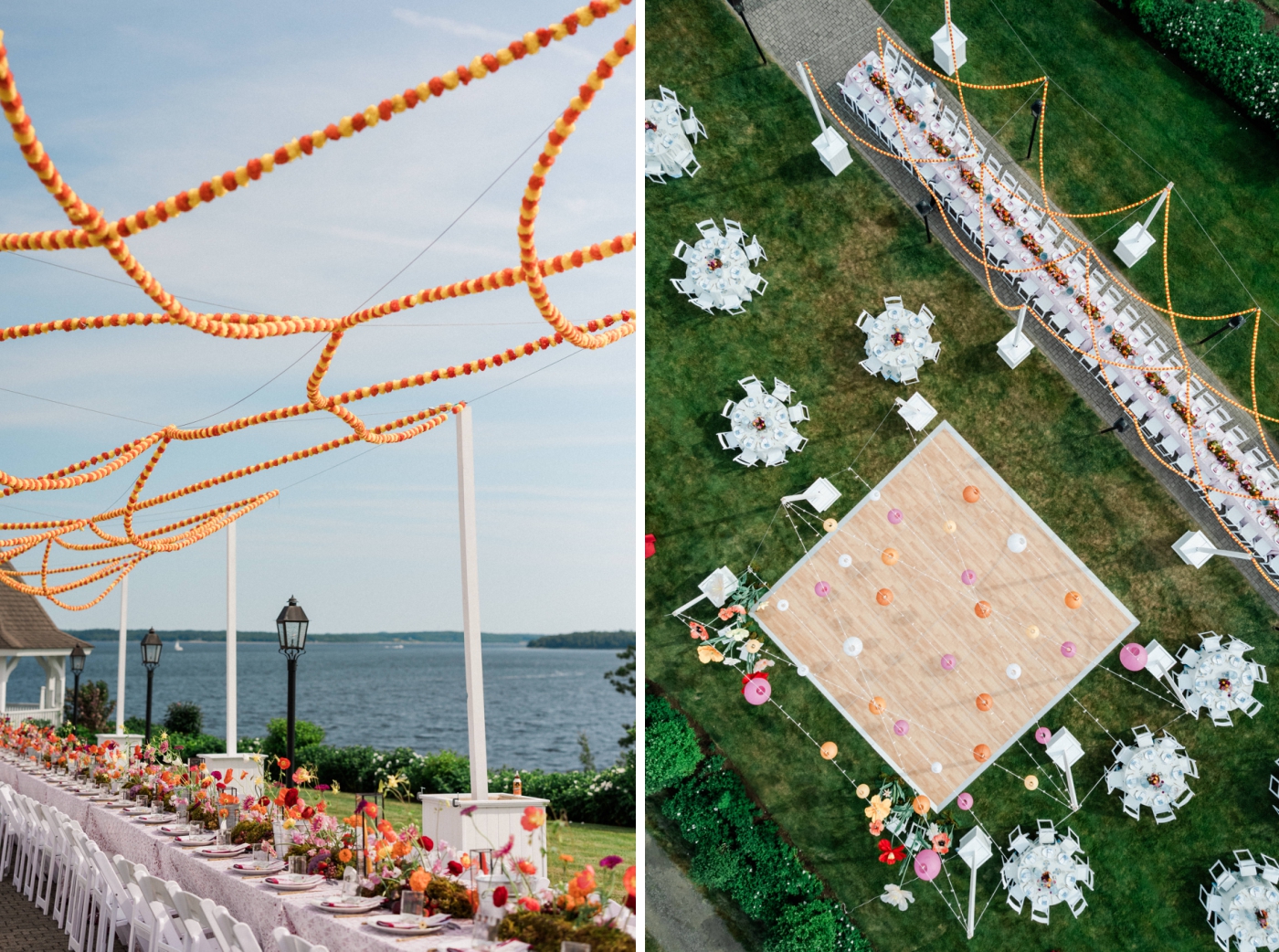 An aerial view of tables surrounding a dance floor