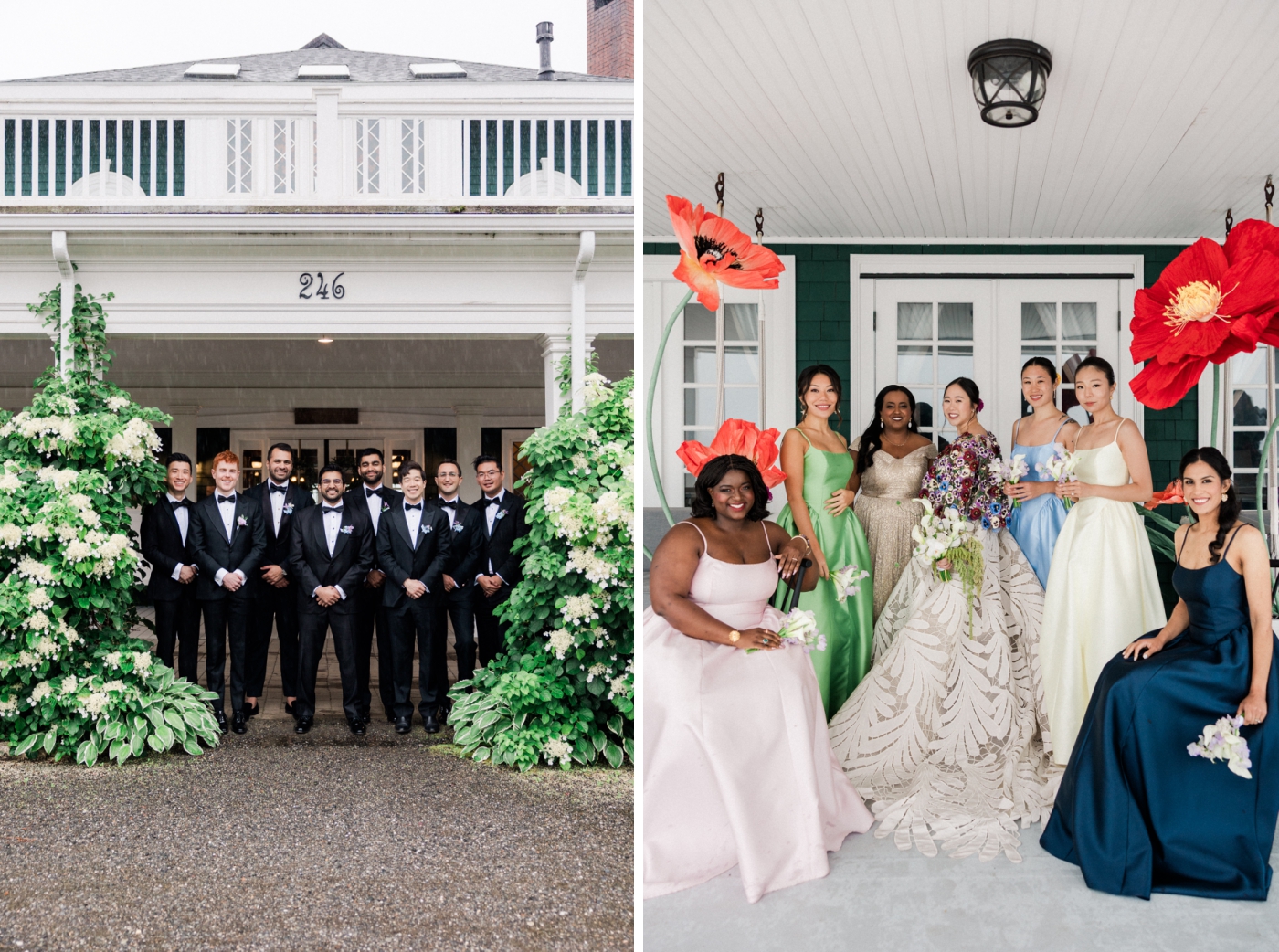 Portraits of a bride with her bridesmaids in colorful satin dresses