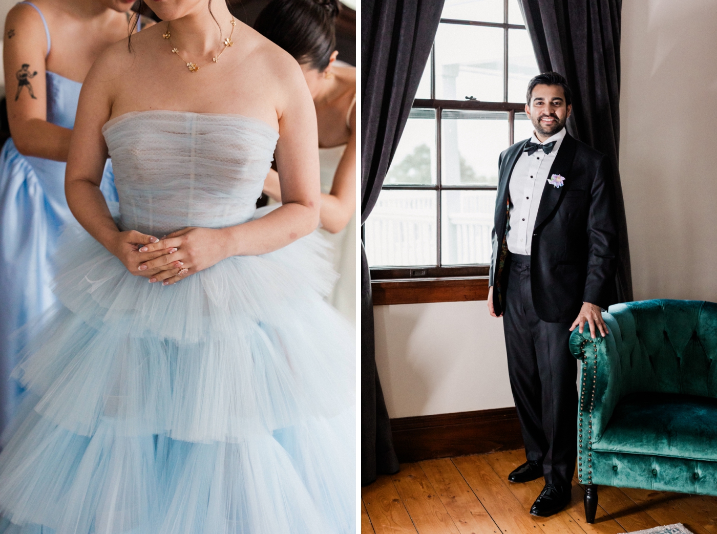 A bride in a blue tulle ballgown