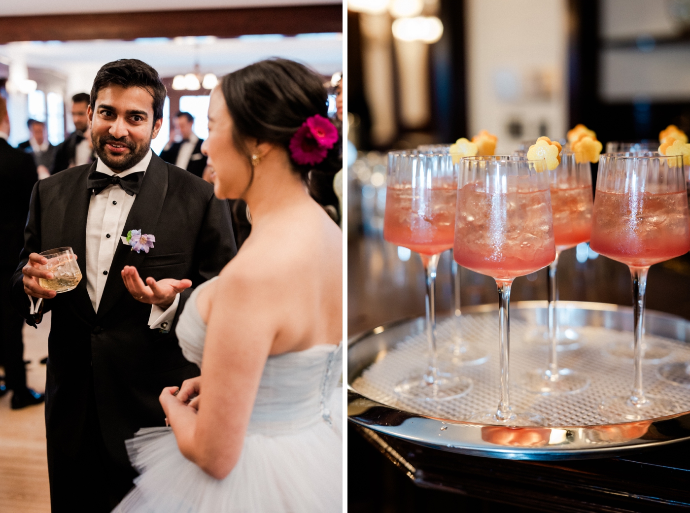A groom holding a cocktail during a wedding weekend event