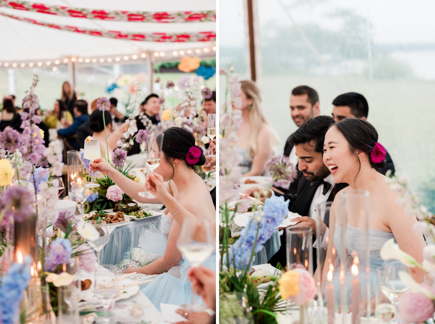 A bride in a blue tulle ballgown laughs during wedding toasts