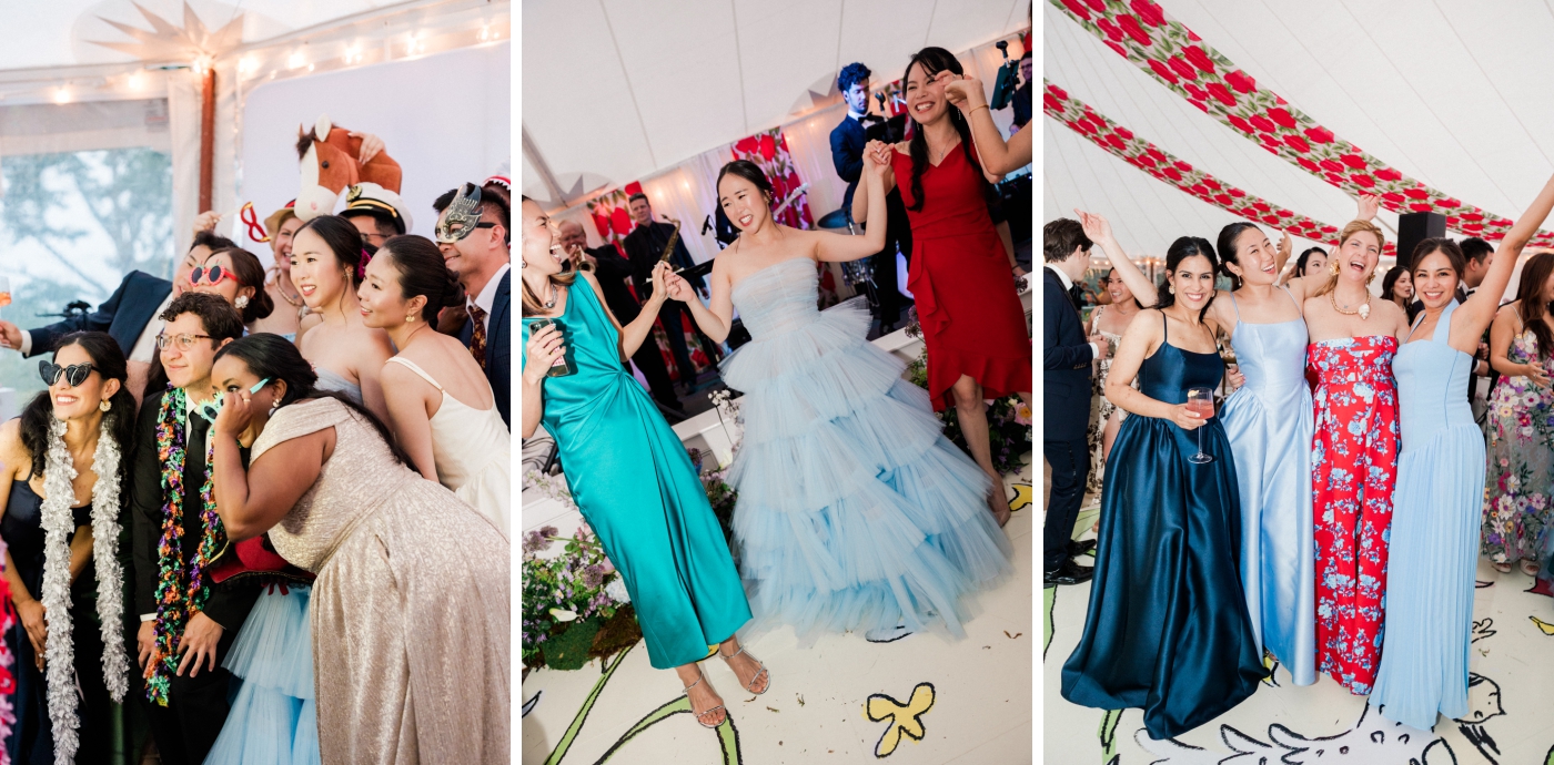 A bride dances with her friends during a wedding weekend reception