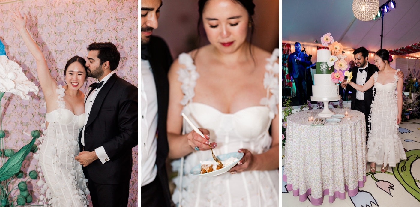 A bride and groom cut into their four-tier wedding cake