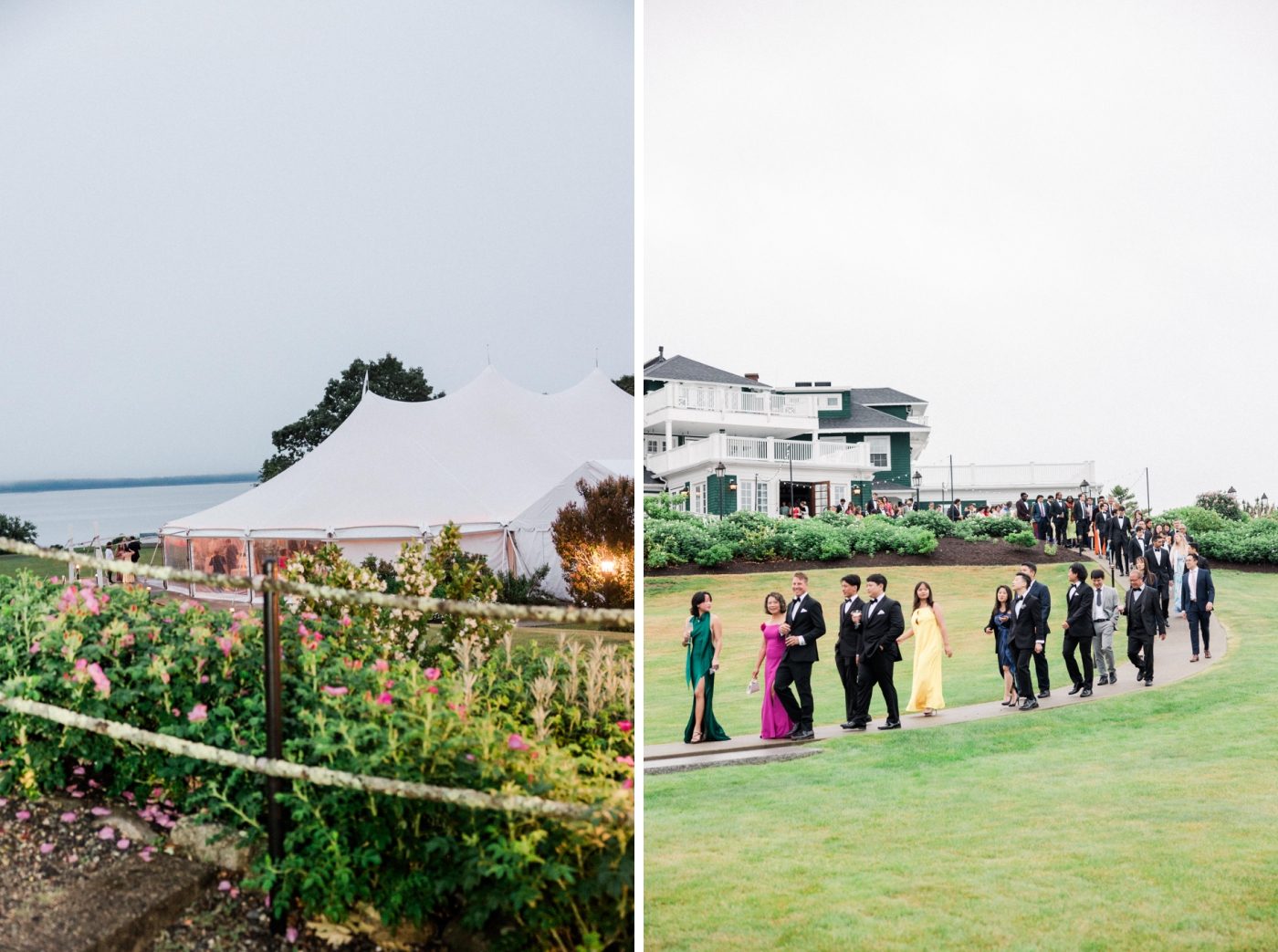 Wedding weekend guests walk to the reception tent at French's Point
