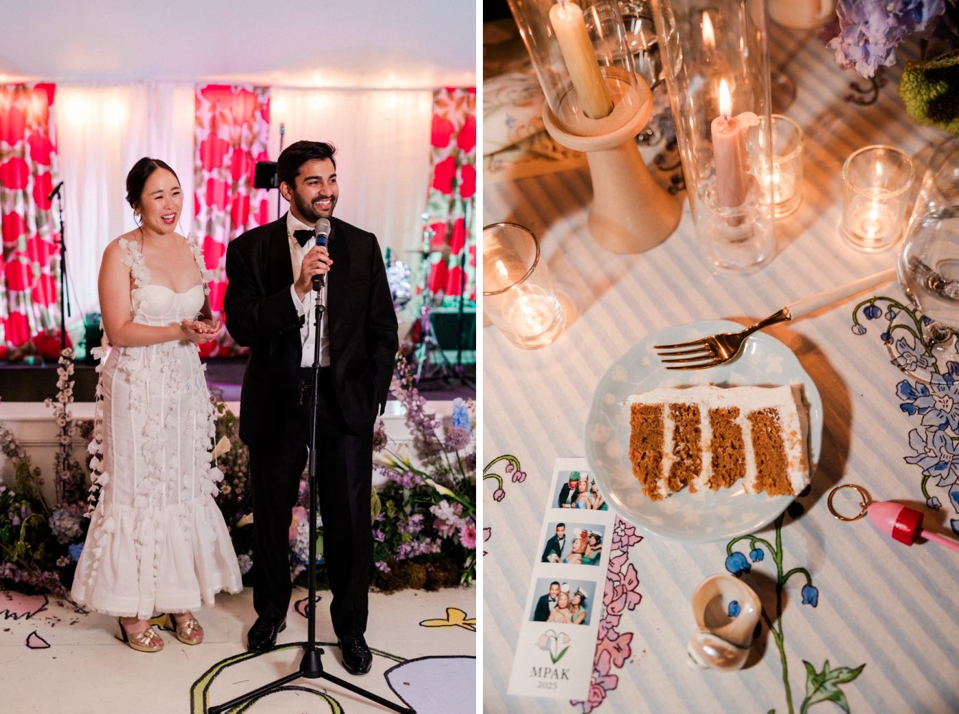 A bride and groom give a speech to their guests during a wedding weekend