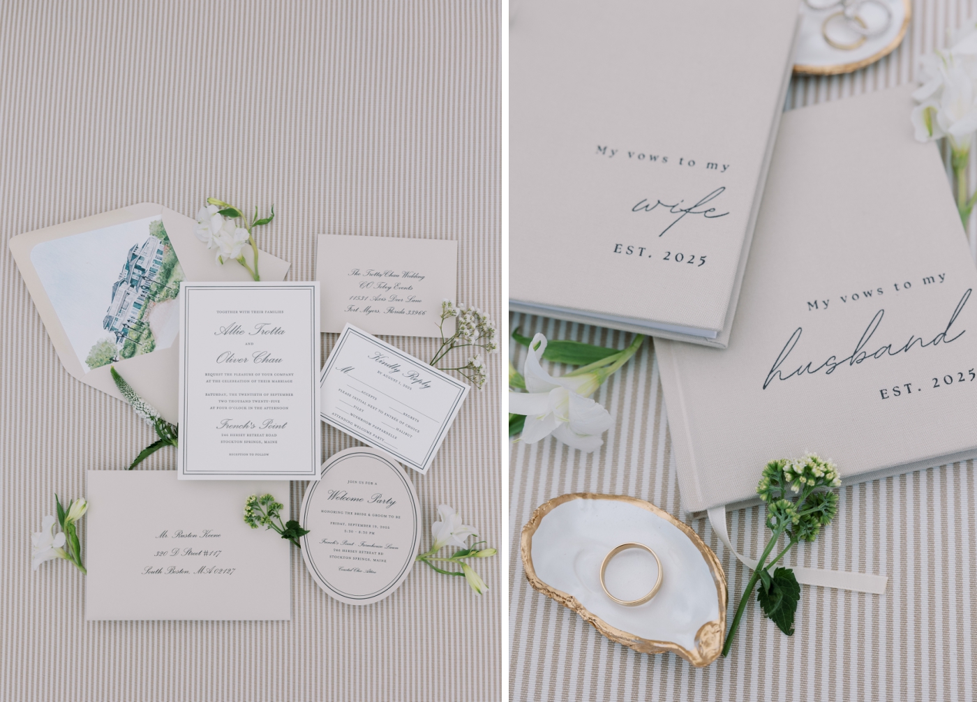 A flat lay of champagne and white wedding invitations on a striped background