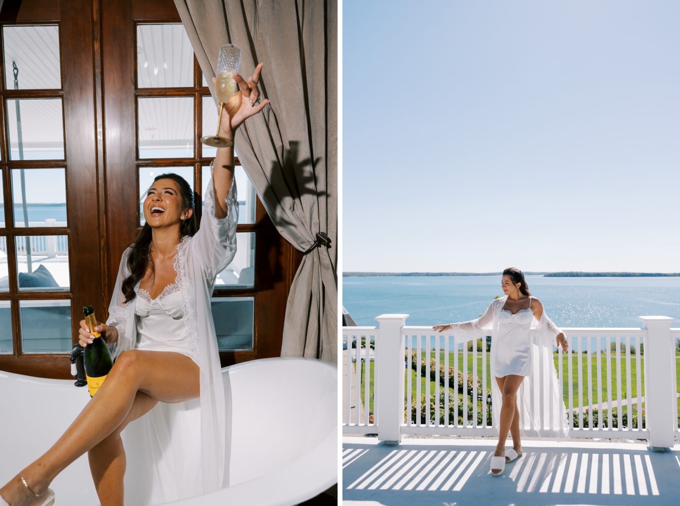 A bride in a white slip stands on a balcony overlooking a river