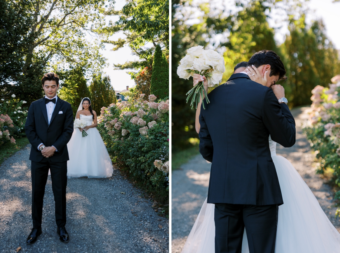 A bride and groom share a first look surrounded by tall grasses and flowers