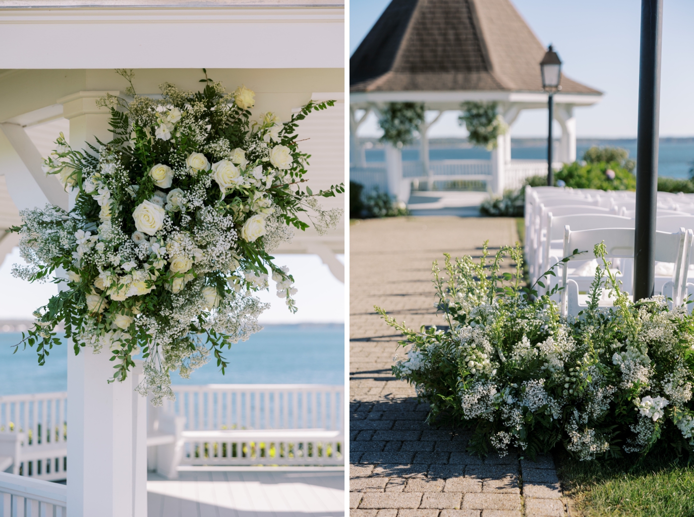 White and champagne wedding flowers on a pavilion at French's point