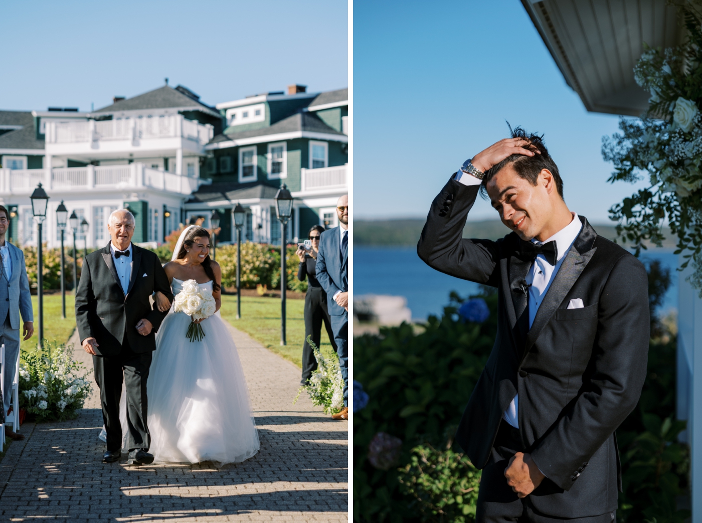 A bride smiles while walking down the aisle with her father