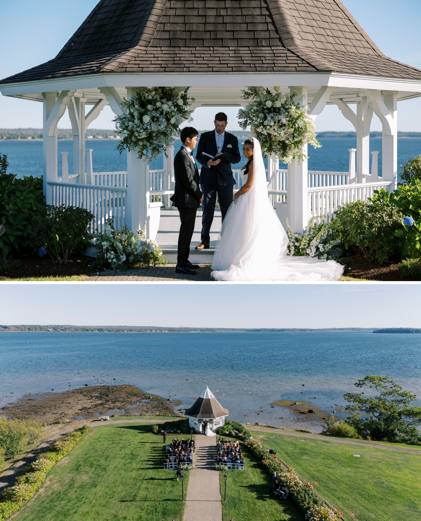 A bride and groom hold hands at the altar