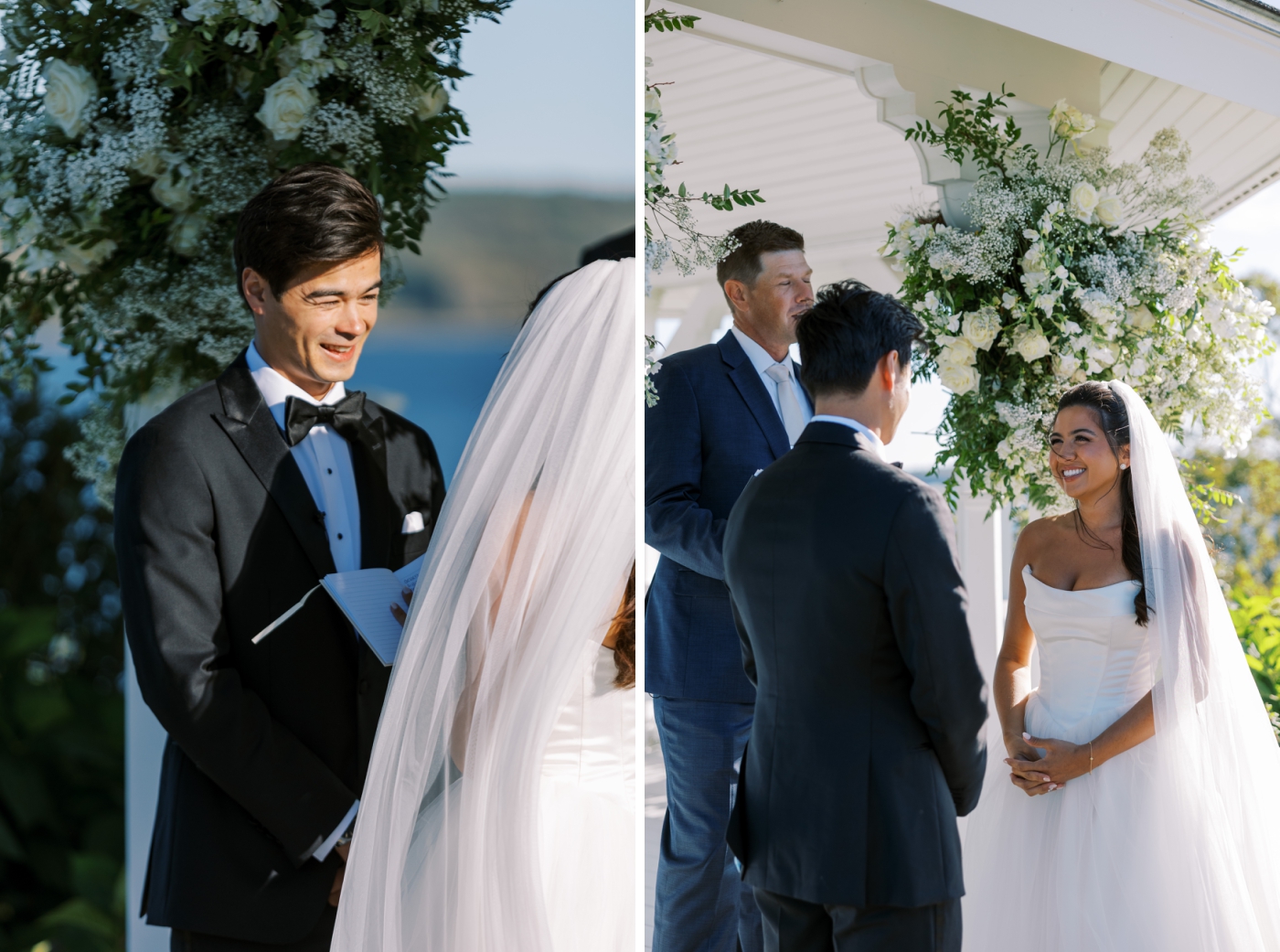 A bride and groom exchange vows in front of a pavilion at French's Point