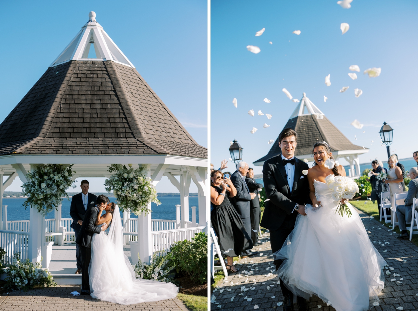 A bride and groom walk back up the aisle while wedding guest shower them with white flower petals