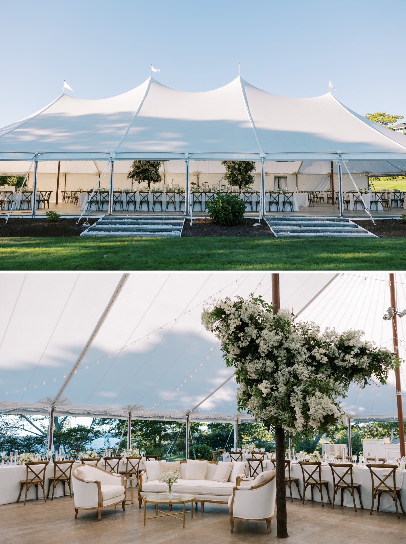 A large sailcloth tent decorated with champagne and white wedding flowers