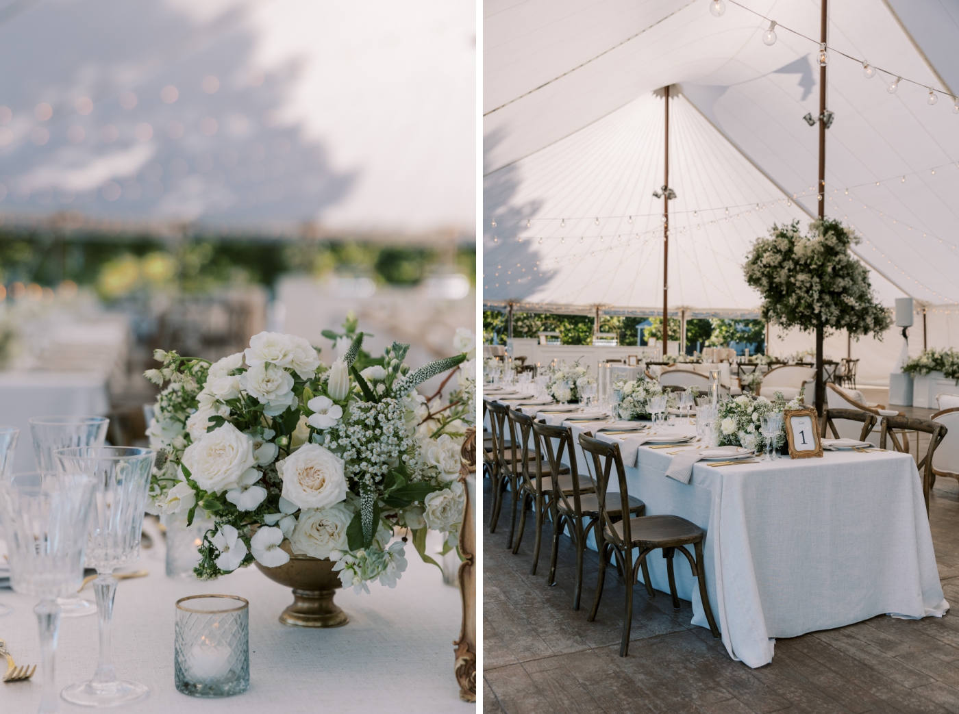 A centerpiece of white roses and baby's breath on a white tablecloth